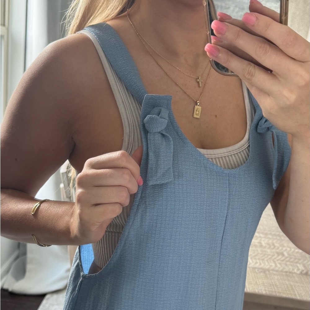 Light Blue Sleeveless Casual Over Alls Romper with Pockets - Picture 7 of 11